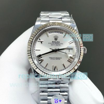 8+ Factory Swiss Rolex Day-Date 40mm Gain Weight Silver Dial Roman Replica Watch 